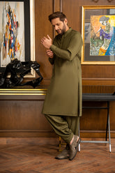 Olive Green Blended Kameez Shalwar