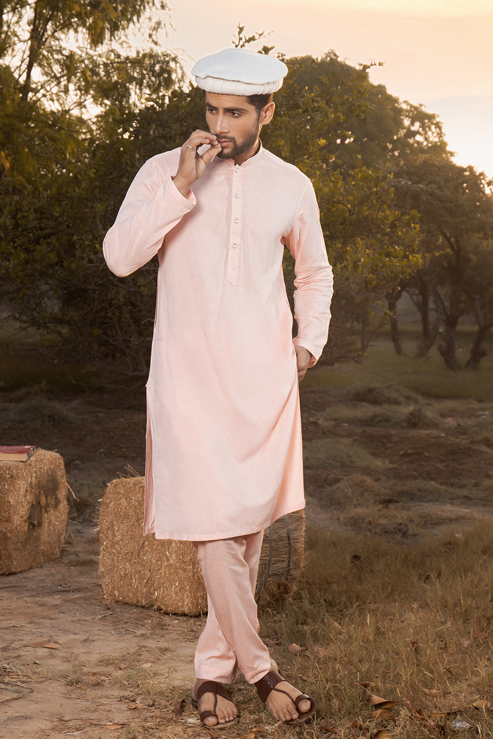 SALMON PINK LINEN CHAMBRAY KURTA PANTS