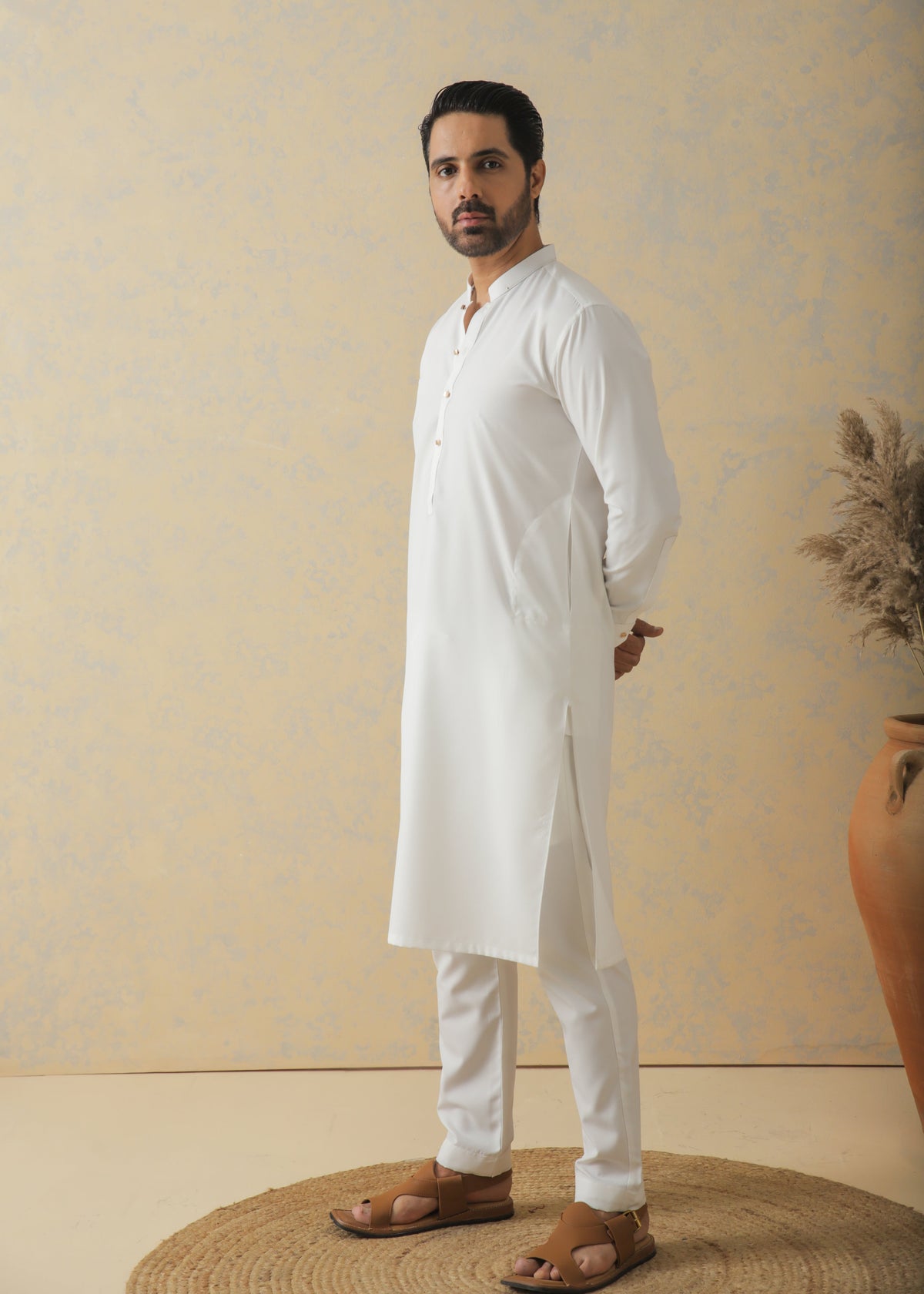 Optic White Self Textured Kurta Pajama