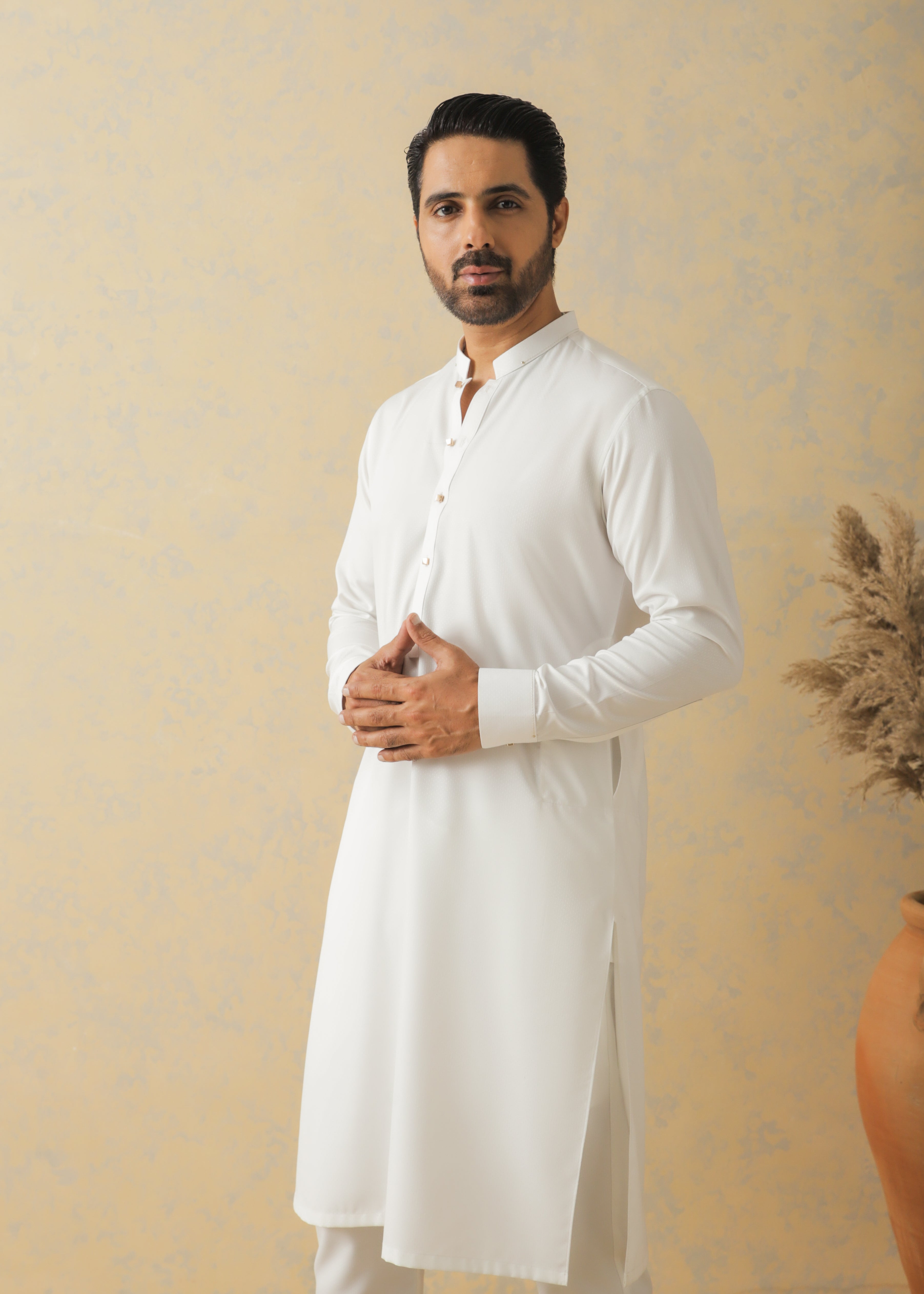 Optic White Self Textured Kurta Pajama